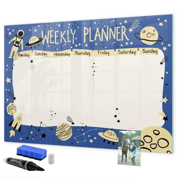 Decoratief glazen wandbord beschrijfbaar en magnetisch Weekplanner met een ruimtethema