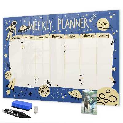 Decoratief glazen wandbord beschrijfbaar en magnetisch Weekplanner met een ruimtethema
