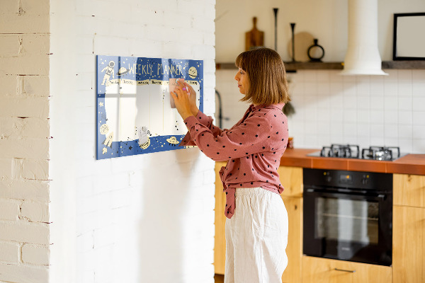 Decoratief glazen wandbord beschrijfbaar en magnetisch Weekplanner met een ruimtethema