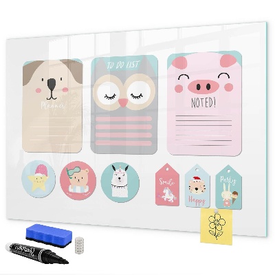 Decoratief glazen wandbord beschrijfbaar en magnetisch Kleurrijke briefjes en foto's aan de muur