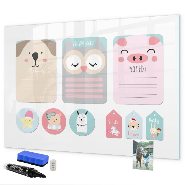 Decoratief glazen wandbord beschrijfbaar en magnetisch Kleurrijke briefjes en foto's aan de muur