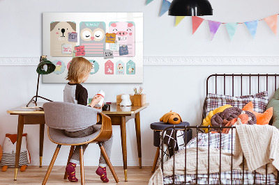 Decoratief glazen wandbord beschrijfbaar en magnetisch Kleurrijke briefjes en foto's aan de muur