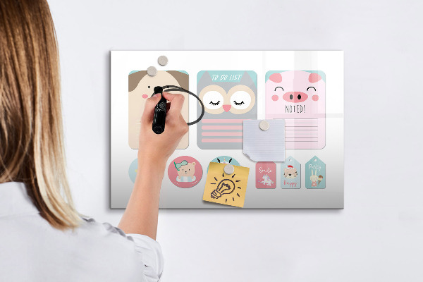 Decoratief glazen wandbord beschrijfbaar en magnetisch Kleurrijke briefjes en foto's aan de muur