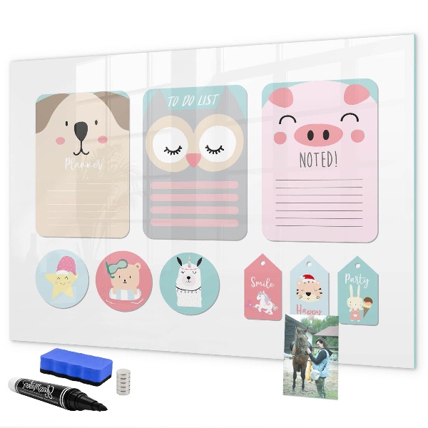 Decoratief glazen wandbord beschrijfbaar en magnetisch Kleurrijke briefjes en foto's aan de muur
