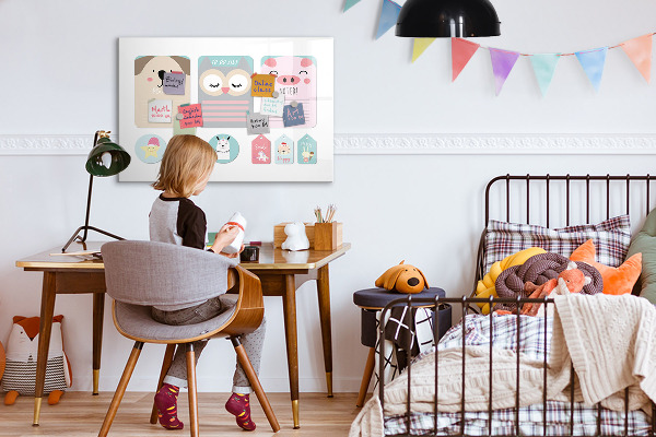 Decoratief glazen wandbord beschrijfbaar en magnetisch Kleurrijke briefjes en foto's aan de muur