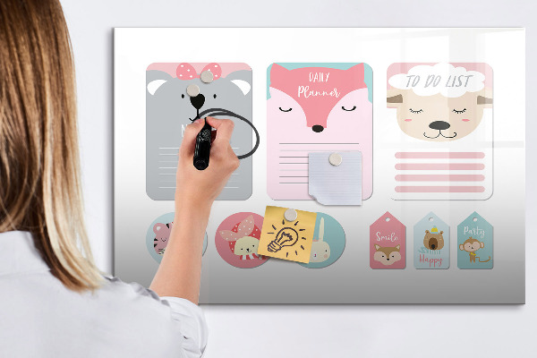 Memobord van glas met print inclusief neodymium magneten Kleurrijke planner met dierenmotieven