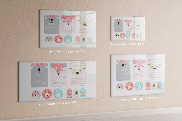 Memobord van glas met print inclusief neodymium magneten Kleurrijke planner met dierenmotieven