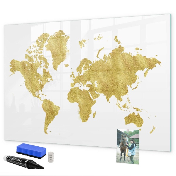 Memobord van glas met print inclusief neodymium magneten Wereldkaart met ruimte voor foto's