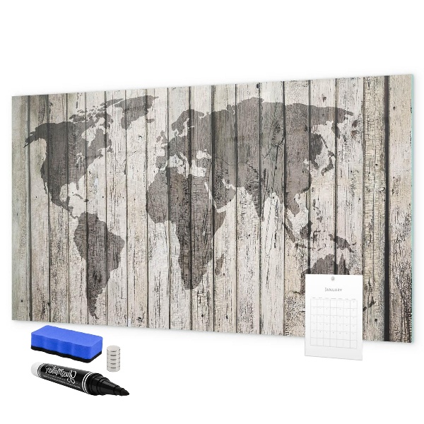 Memobord van glas met print inclusief neodymium magneten Wereldkaart met ruimte voor foto's