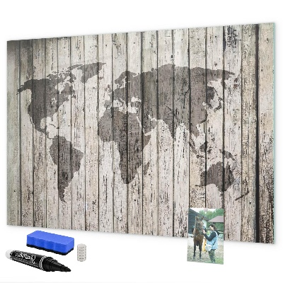 Memobord van glas met print inclusief neodymium magneten Wereldkaart met ruimte voor foto's
