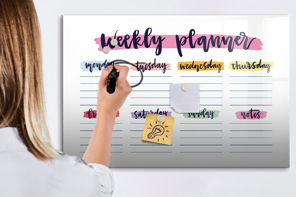 Decoratief glazen wandbord beschrijfbaar en magnetisch Weekplanner met ruimte voor foto's