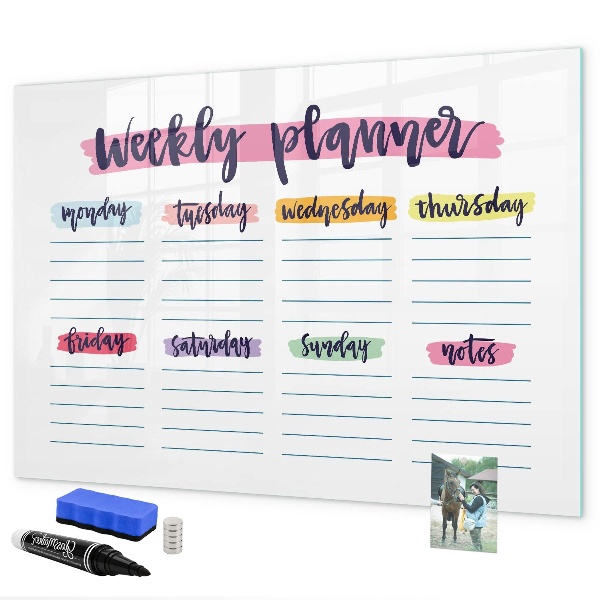Decoratief glazen wandbord beschrijfbaar en magnetisch Weekplanner met ruimte voor foto's