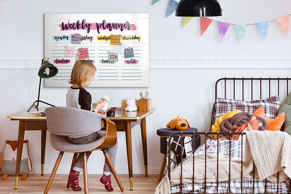 Decoratief glazen wandbord beschrijfbaar en magnetisch Weekplanner met ruimte voor foto's