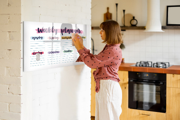 Decoratief glazen wandbord beschrijfbaar en magnetisch Weekplanner met ruimte voor foto's
