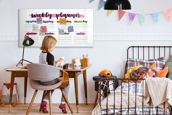 Decoratief glazen wandbord beschrijfbaar en magnetisch Weekplanner met ruimte voor foto's