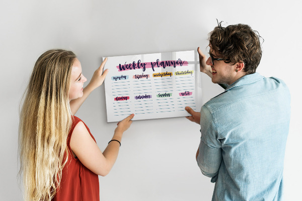 Decoratief glazen wandbord beschrijfbaar en magnetisch Weekplanner met ruimte voor foto's