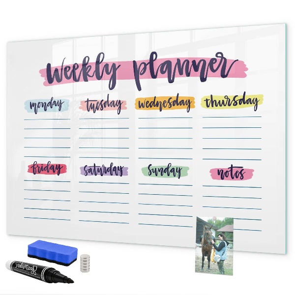 Decoratief glazen wandbord beschrijfbaar en magnetisch Weekplanner met ruimte voor foto's