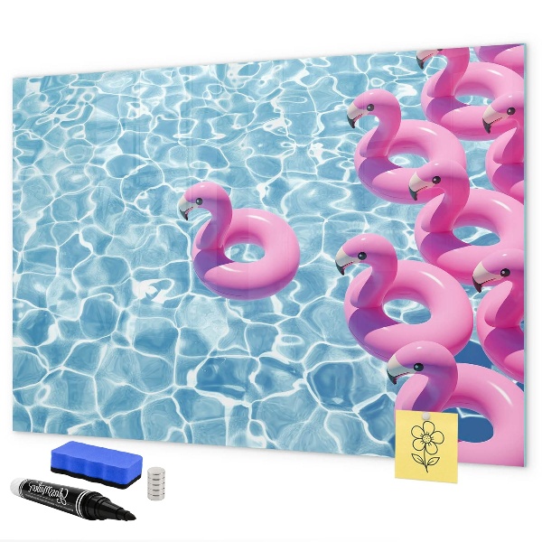 Memobord van glas met print inclusief neodymium magneten Heerlijke momenten aan het water met flamingo's.