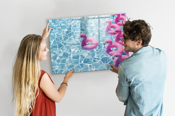 Memobord van glas met print inclusief neodymium magneten Heerlijke momenten aan het water met flamingo's.
