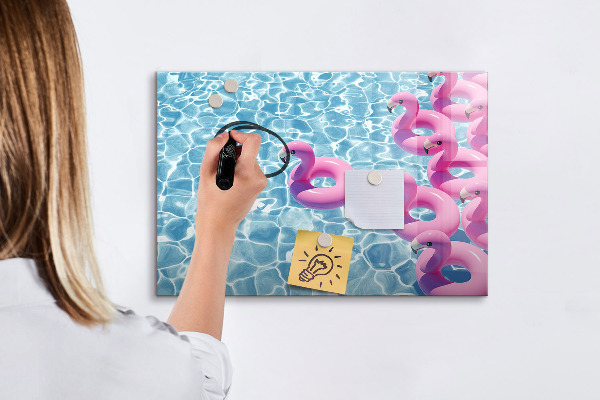 Memobord van glas met print inclusief neodymium magneten Heerlijke momenten aan het water met flamingo's.