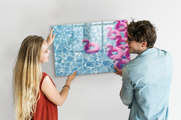 Memobord van glas met print inclusief neodymium magneten Heerlijke momenten aan het water met flamingo's.