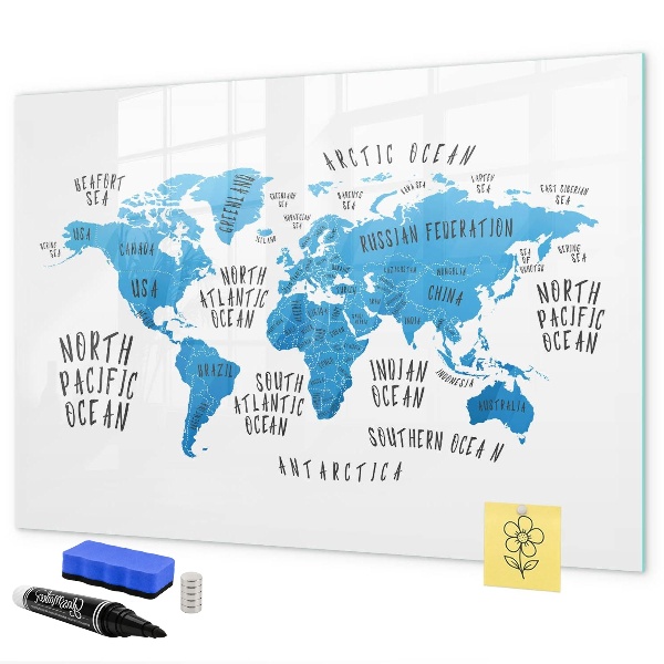 Decoratief glazen wandbord beschrijfbaar en magnetisch Wereldkaart voor fotopersonalisatie