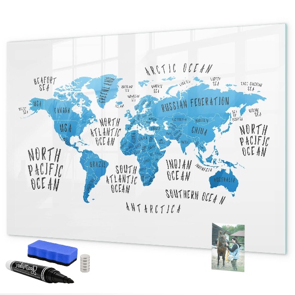 Decoratief glazen wandbord beschrijfbaar en magnetisch Wereldkaart voor fotopersonalisatie
