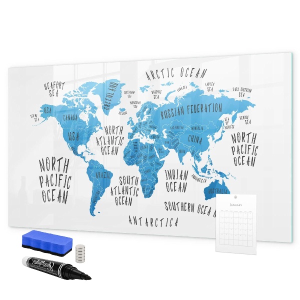 Decoratief glazen wandbord beschrijfbaar en magnetisch Wereldkaart voor fotopersonalisatie