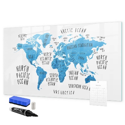 Decoratief glazen wandbord beschrijfbaar en magnetisch Wereldkaart voor fotopersonalisatie
