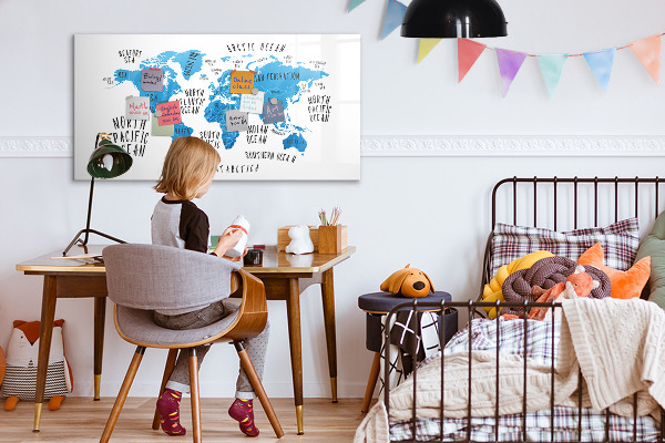 Decoratief glazen wandbord beschrijfbaar en magnetisch Wereldkaart voor fotopersonalisatie