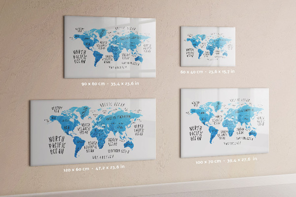 Decoratief glazen wandbord beschrijfbaar en magnetisch Wereldkaart voor fotopersonalisatie
