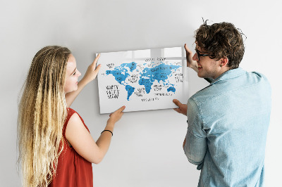 Decoratief glazen wandbord beschrijfbaar en magnetisch Wereldkaart voor fotopersonalisatie
