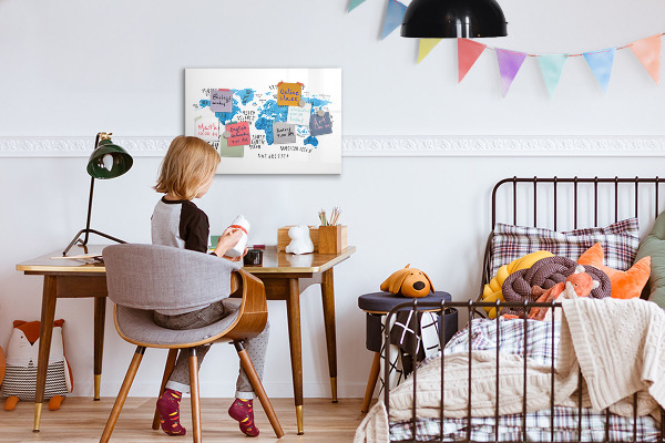 Decoratief glazen wandbord beschrijfbaar en magnetisch Wereldkaart voor fotopersonalisatie