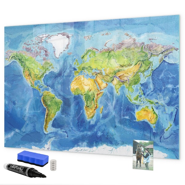 Memobord van glas met print inclusief neodymium magneten Wereldkaart met fotolocaties