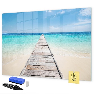 Decoratief glazen wandbord beschrijfbaar en magnetisch Een strand vol herinneringen en foto's