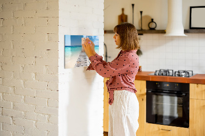 Decoratief glazen wandbord beschrijfbaar en magnetisch Een strand vol herinneringen en foto's