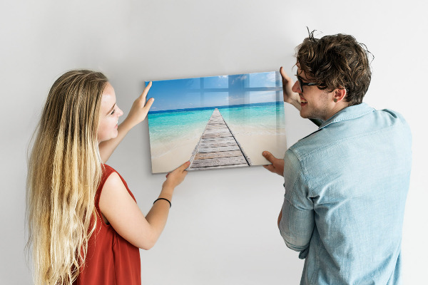 Decoratief glazen wandbord beschrijfbaar en magnetisch Een strand vol herinneringen en foto's