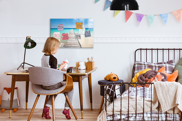 Decoratief glazen wandbord beschrijfbaar en magnetisch Een strand vol herinneringen en foto's