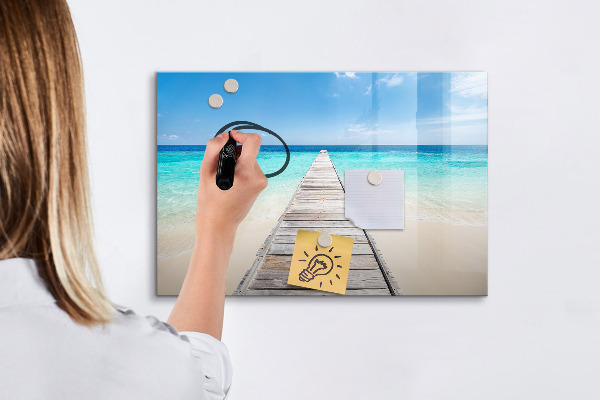 Decoratief glazen wandbord beschrijfbaar en magnetisch Een strand vol herinneringen en foto's