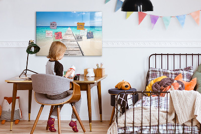 Decoratief glazen wandbord beschrijfbaar en magnetisch Een strand vol herinneringen en foto's