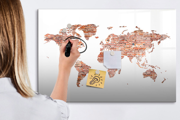Decoratief glazen wandbord beschrijfbaar en magnetisch Wereldkaart met foto's en aantekeningen
