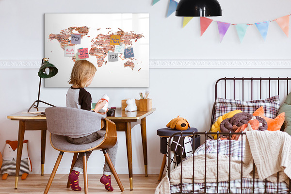 Decoratief glazen wandbord beschrijfbaar en magnetisch Wereldkaart met foto's en aantekeningen
