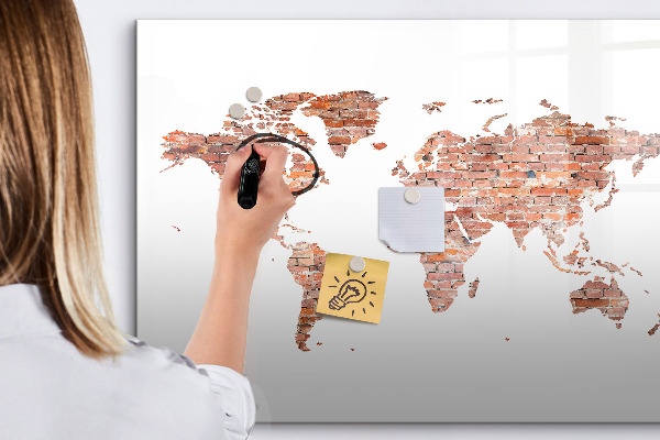 Decoratief glazen wandbord beschrijfbaar en magnetisch Wereldkaart met foto's en aantekeningen