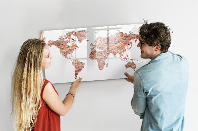 Decoratief glazen wandbord beschrijfbaar en magnetisch Wereldkaart met foto's en aantekeningen