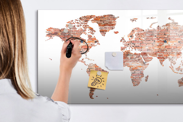 Decoratief glazen wandbord beschrijfbaar en magnetisch Wereldkaart met foto's en aantekeningen