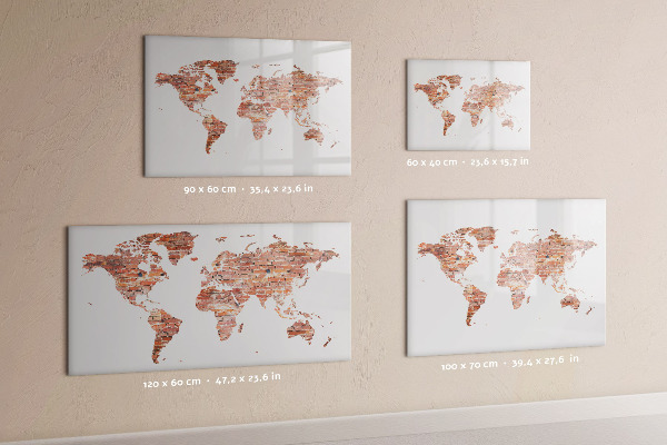Decoratief glazen wandbord beschrijfbaar en magnetisch Wereldkaart met foto's en aantekeningen