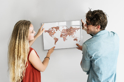 Decoratief glazen wandbord beschrijfbaar en magnetisch Wereldkaart met foto's en aantekeningen