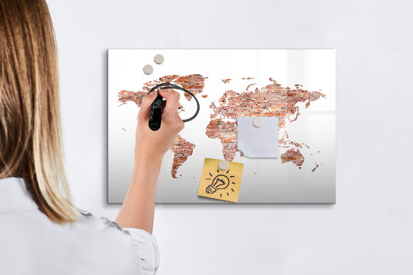 Decoratief glazen wandbord beschrijfbaar en magnetisch Wereldkaart met foto's en aantekeningen