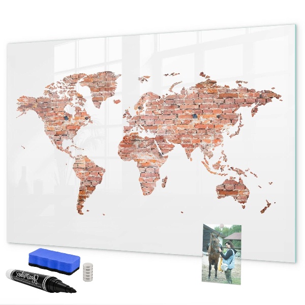 Decoratief glazen wandbord beschrijfbaar en magnetisch Wereldkaart met foto's en aantekeningen