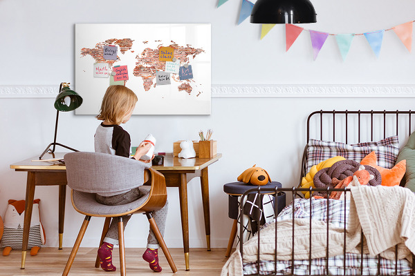 Decoratief glazen wandbord beschrijfbaar en magnetisch Wereldkaart met foto's en aantekeningen